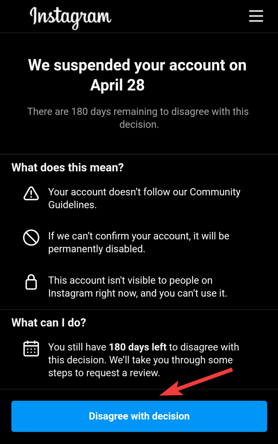 appeal account suspension instagram: disagree with decision